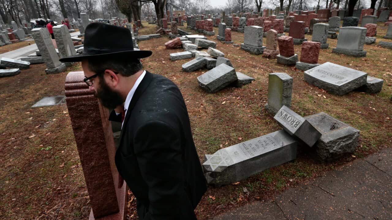 Rabbi Hershey Novack walked through Chesed Shel Emeth Cemetery in University City, Mo., after the vandalism occurred in 2017.
