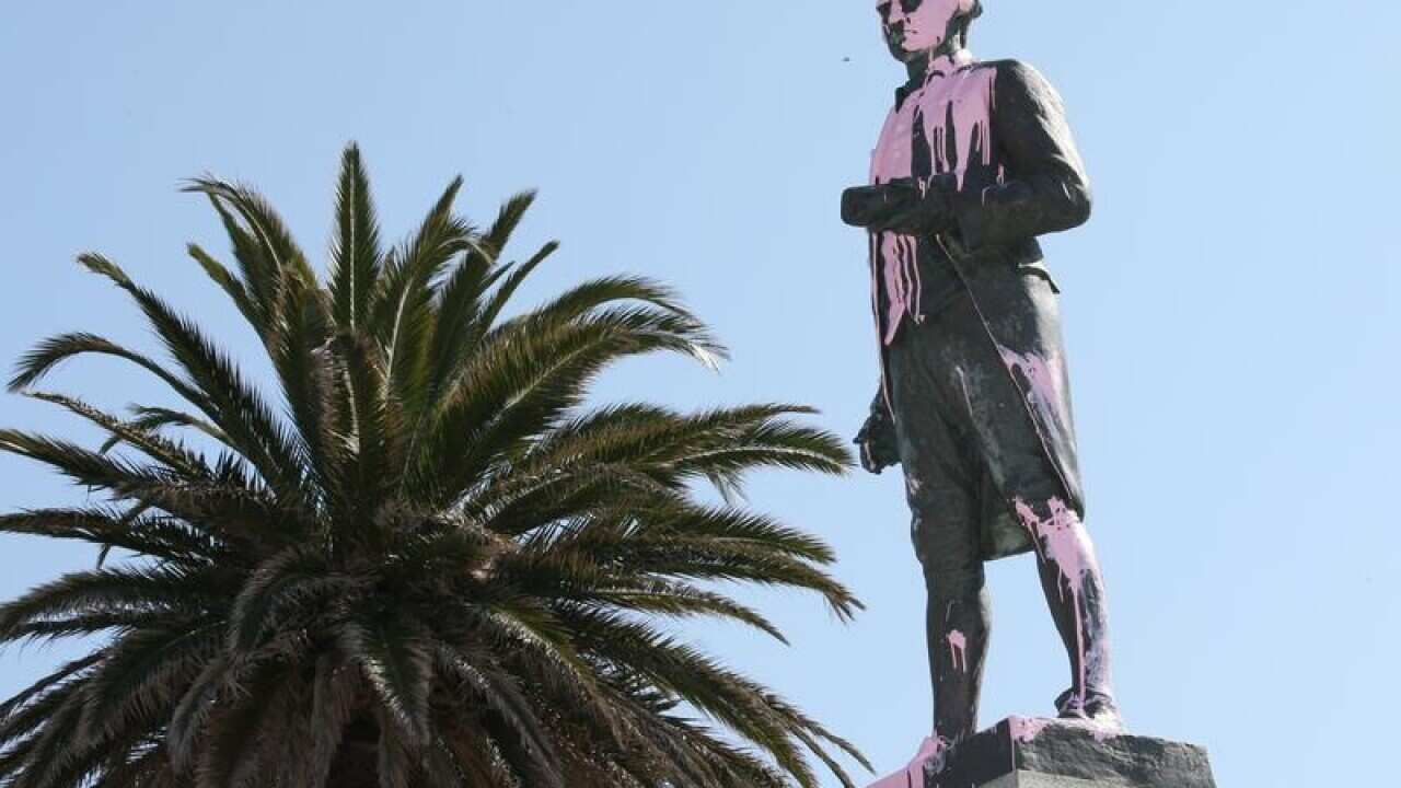 Pink paint is seen covering the head of the James Cook statue.