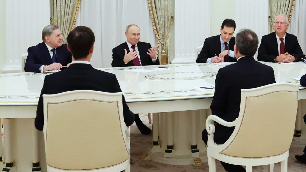 Il presidente russo Vladimir Putin a colloguio con l'inviato speciale statunitense Steve Witkoff e Jared Kushne, inquadrati di spalle.