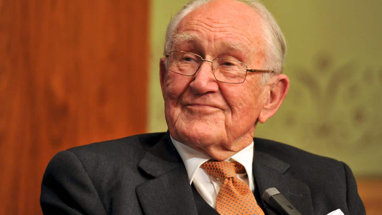July 9, 2014 image of former prime minister Malcolm Fraser speaking at the Lowy Institute for International Policy in Sydney.