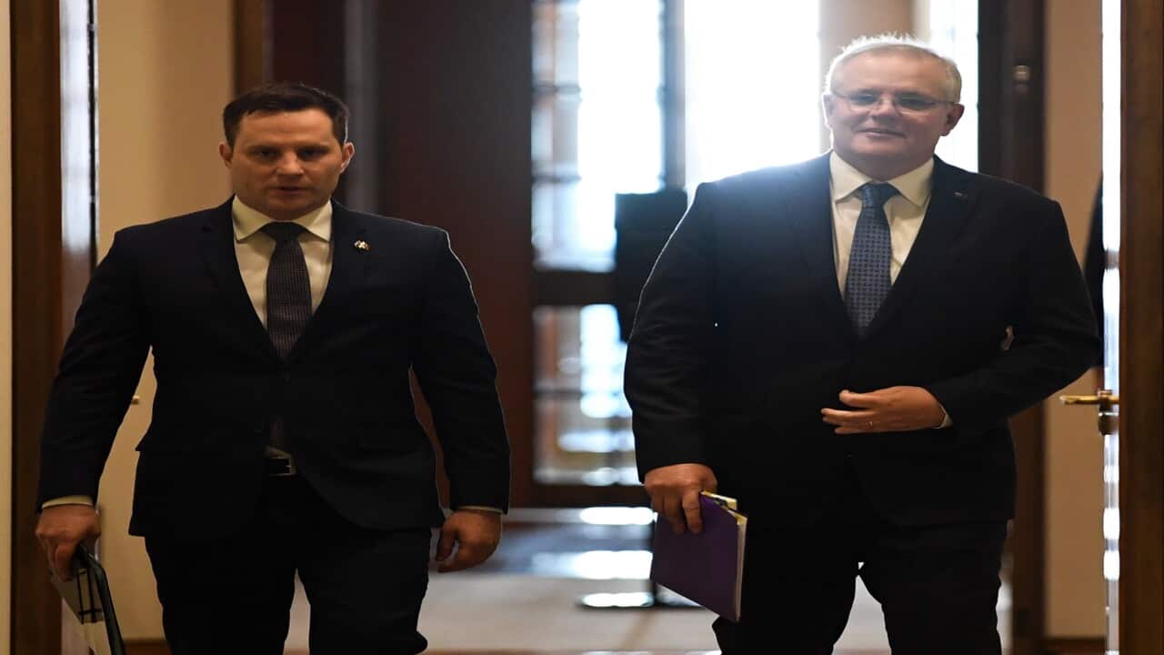 Immigration Minister Alex Hawke with Prime Minister Scott Morrison