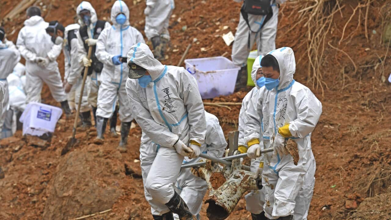 Workers are seen carrying a piece of plane wreckage.