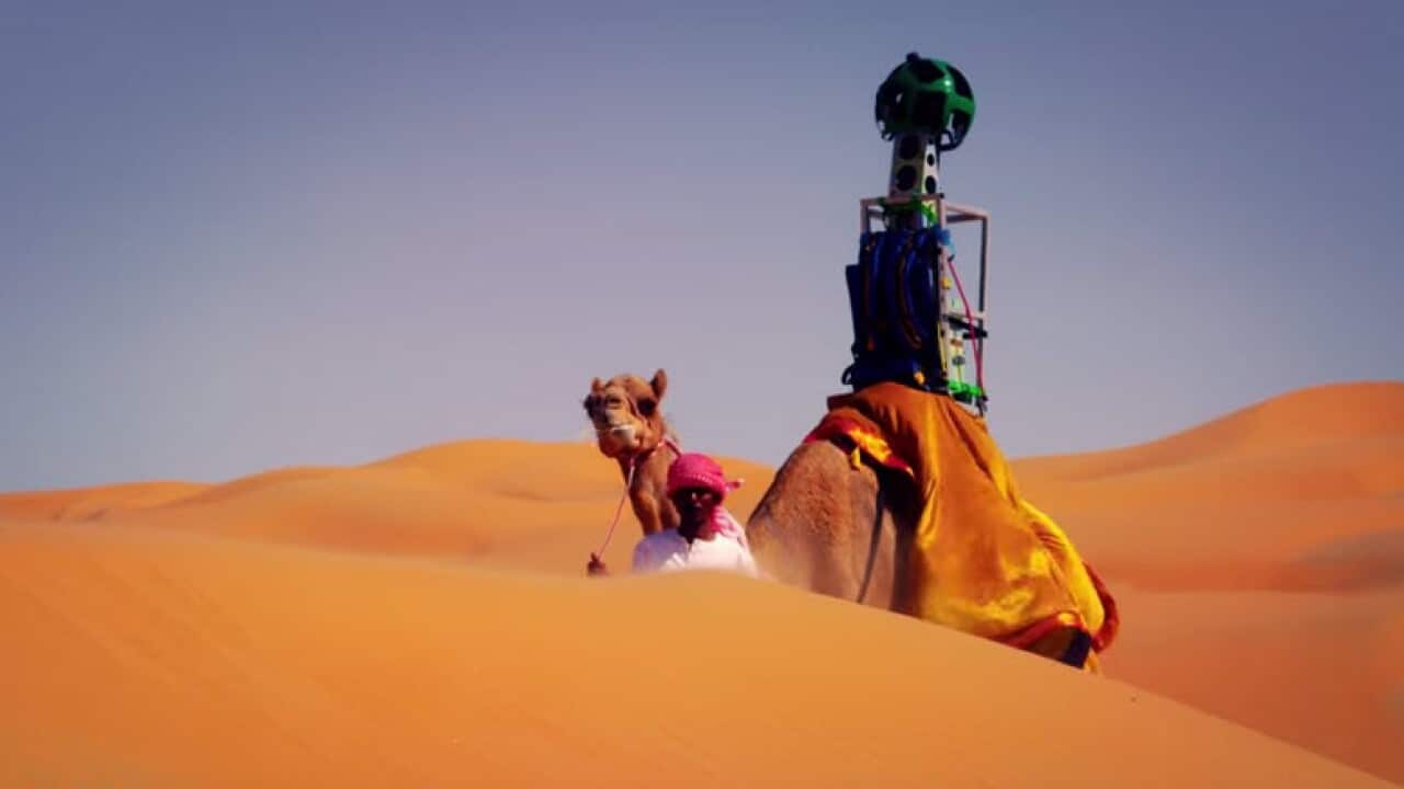 Google straps Street View camera on a camel to map Liwa Desert in United Arab Emirates. (Screenshot: Google)