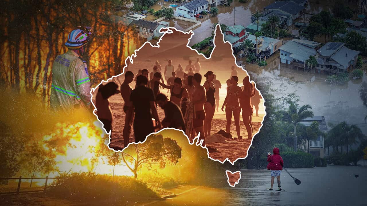 Graphic art featuring people on a beach within an outline of a map of Australia in the centre. On the left of the map are images of bushfire and on the right, flood.