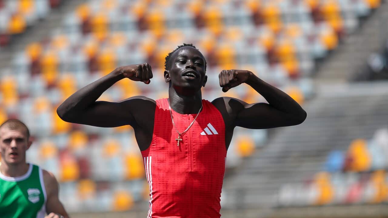 Gout Gout (17) celebrates after his heat win of the under 20