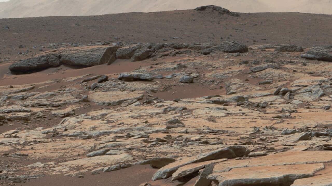 An image taken by NASA's rover on Mars showing the Gale Crater