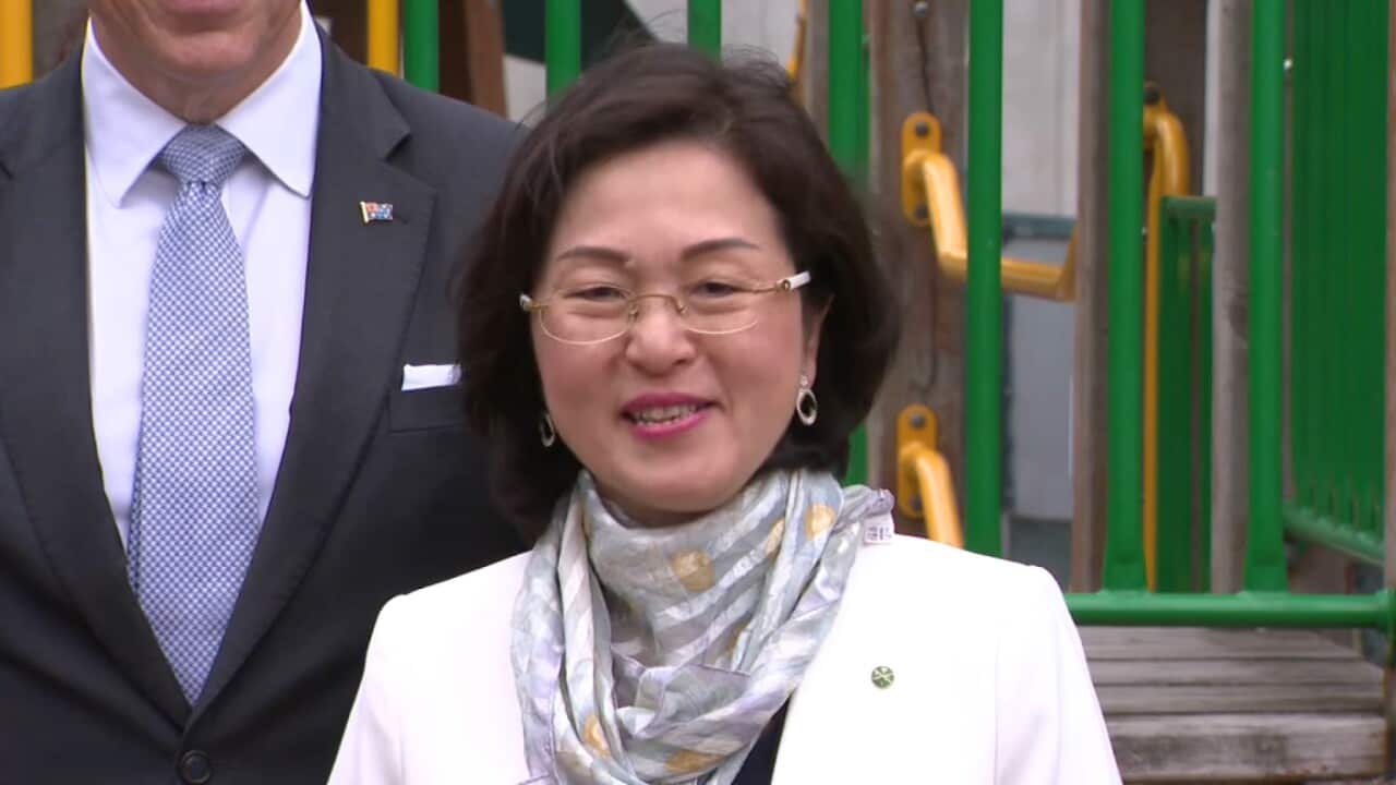 Gladys Liu speaking at a media conference in Melbourne