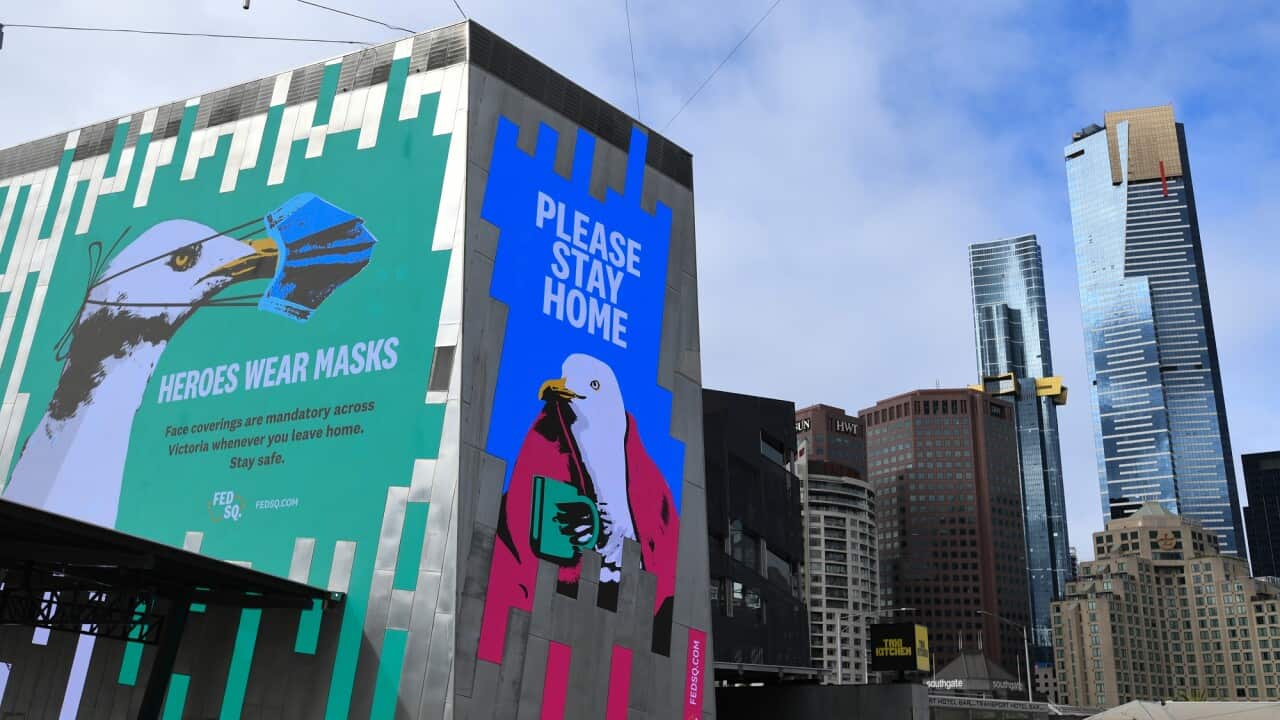 COVID message Federation Square, Melbourne.