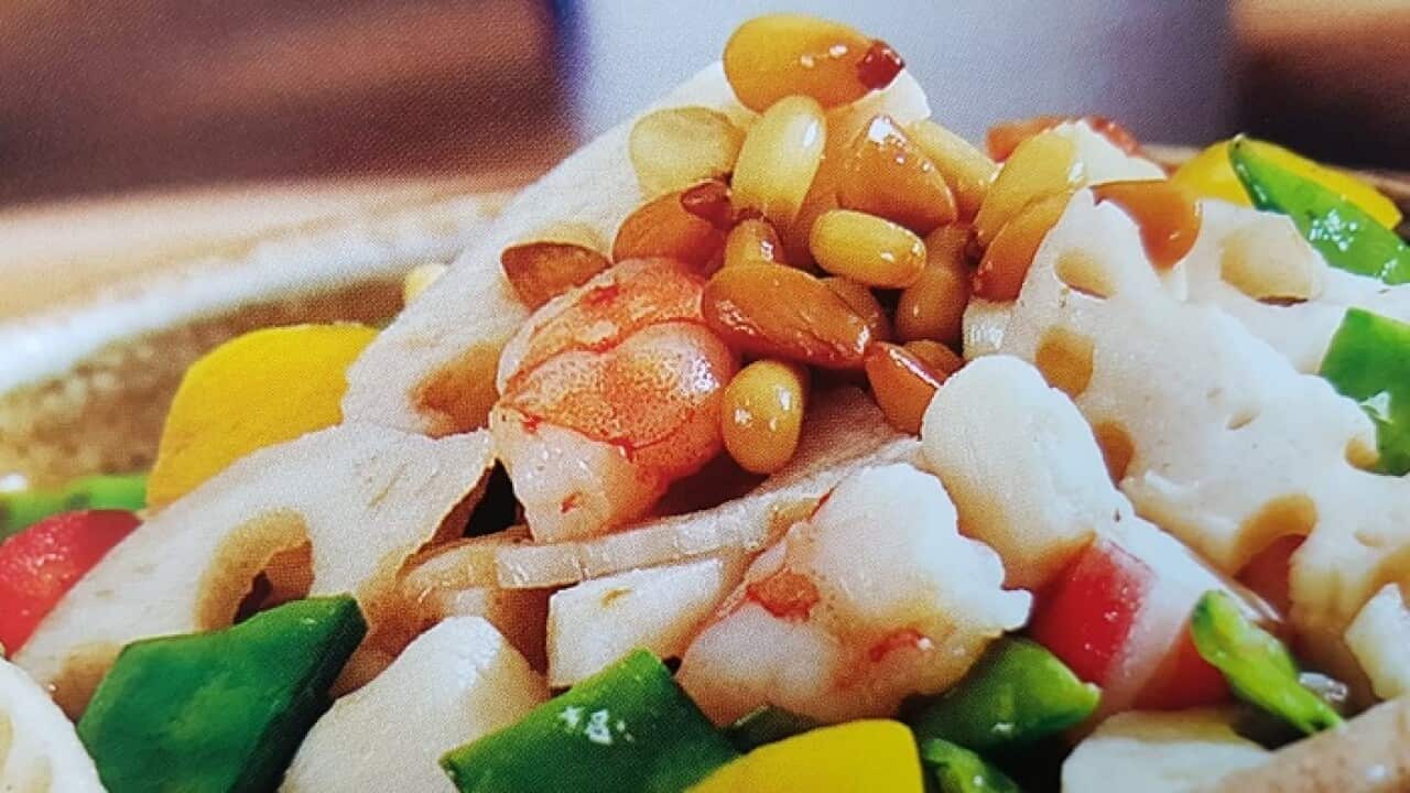 Stir fried pine nut, lotus root and seafood