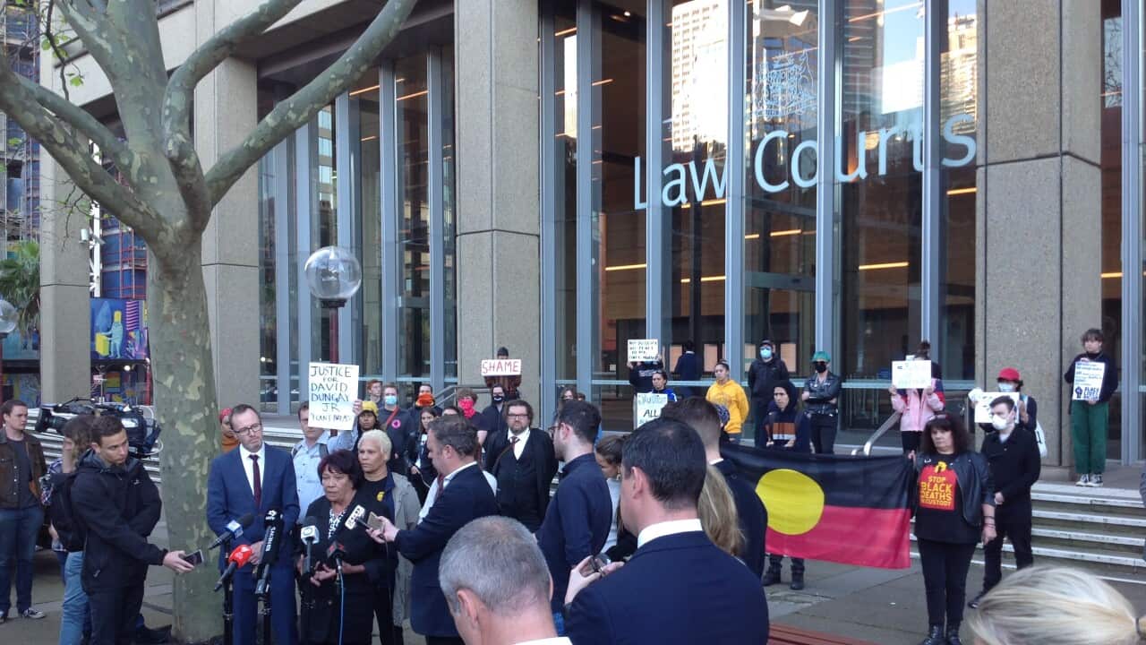 Letona Dungay addresses media outside the NSW Supreme Court where an injunction was lodged to block a black Lives Matter protest rally on Friday. | Julie Nimmo