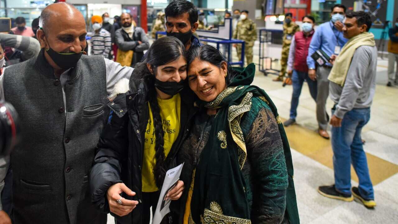 Indian students reunited with their relatives upon their arrival from Ukraine at Indira Gandhi International airport on 23 February.