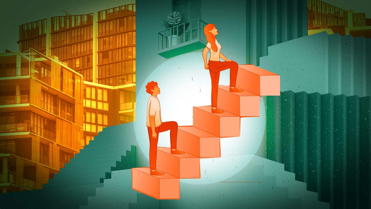 A composite image showing two illustrated figures climbing stairs against a background of apartments and another building