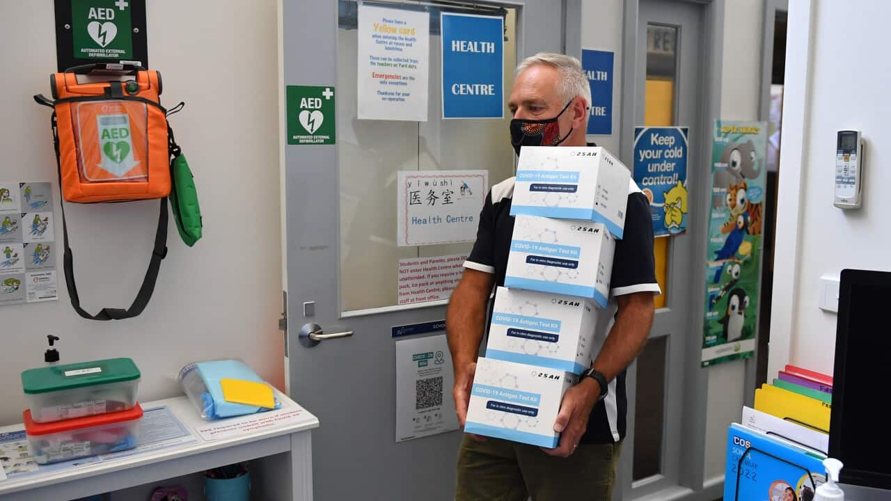 Principal Glenn Butler takes delivery of Rapid Antigen Tests (COVID 19 Self Tests) at Mount View Primary School in Glen Waverley, Melbourne.