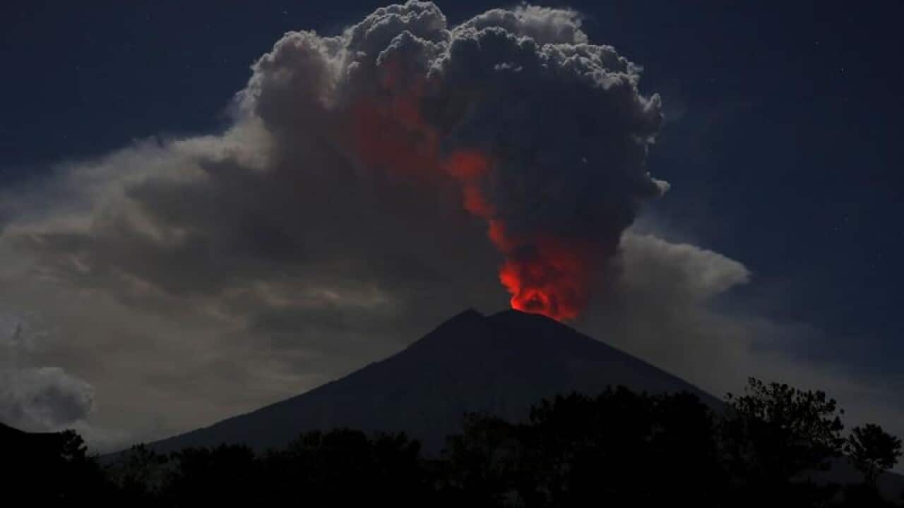 Mount Agung volcano spewing hot volcanic ash.