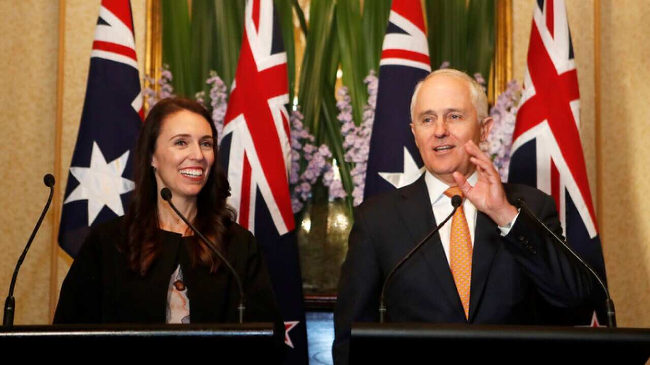 Australian Prime Minister Malcolm Turnbull talks as New Zealand Prime Minister Jacinda Ardern listens during a press conference after their meeting in Sydney, Australia, Sunday, November 5, 2017. (AAP Image/Daniel Munoz) NO ARCHIVING
