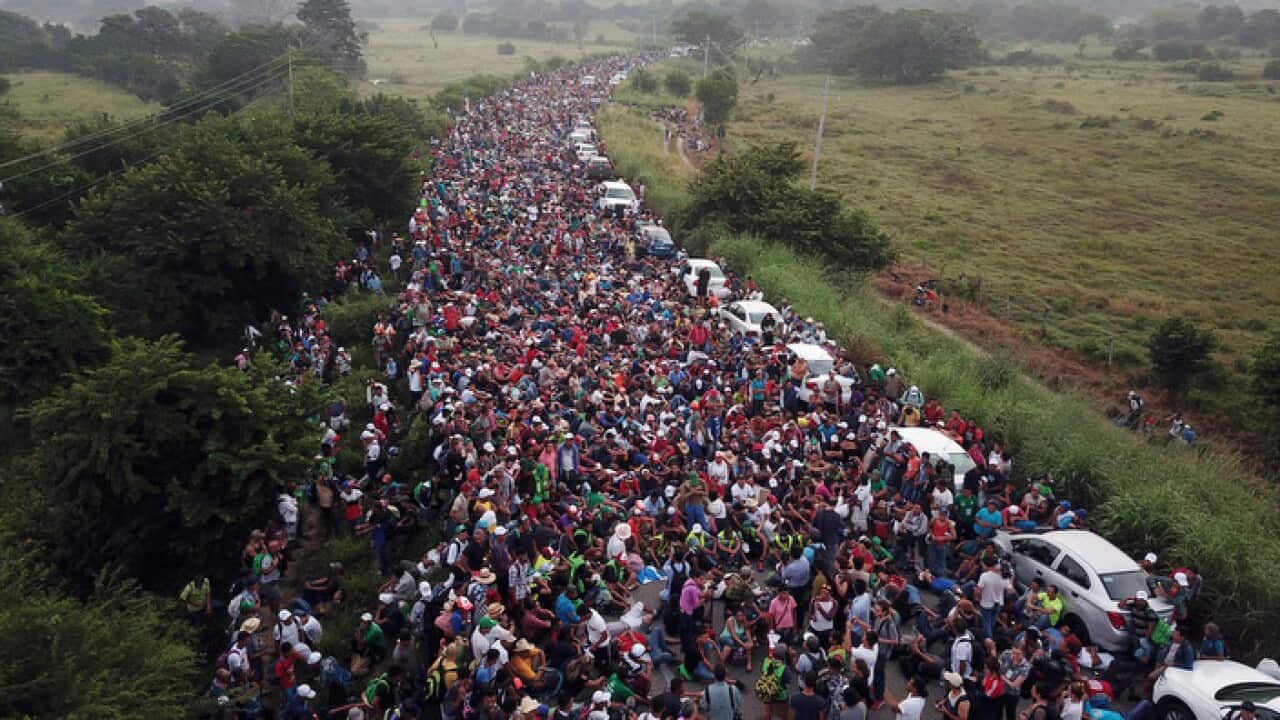 Members of a US-bound migrant caravan stand on a road after federal police briefly blocked their way outside the town of Arriaga.