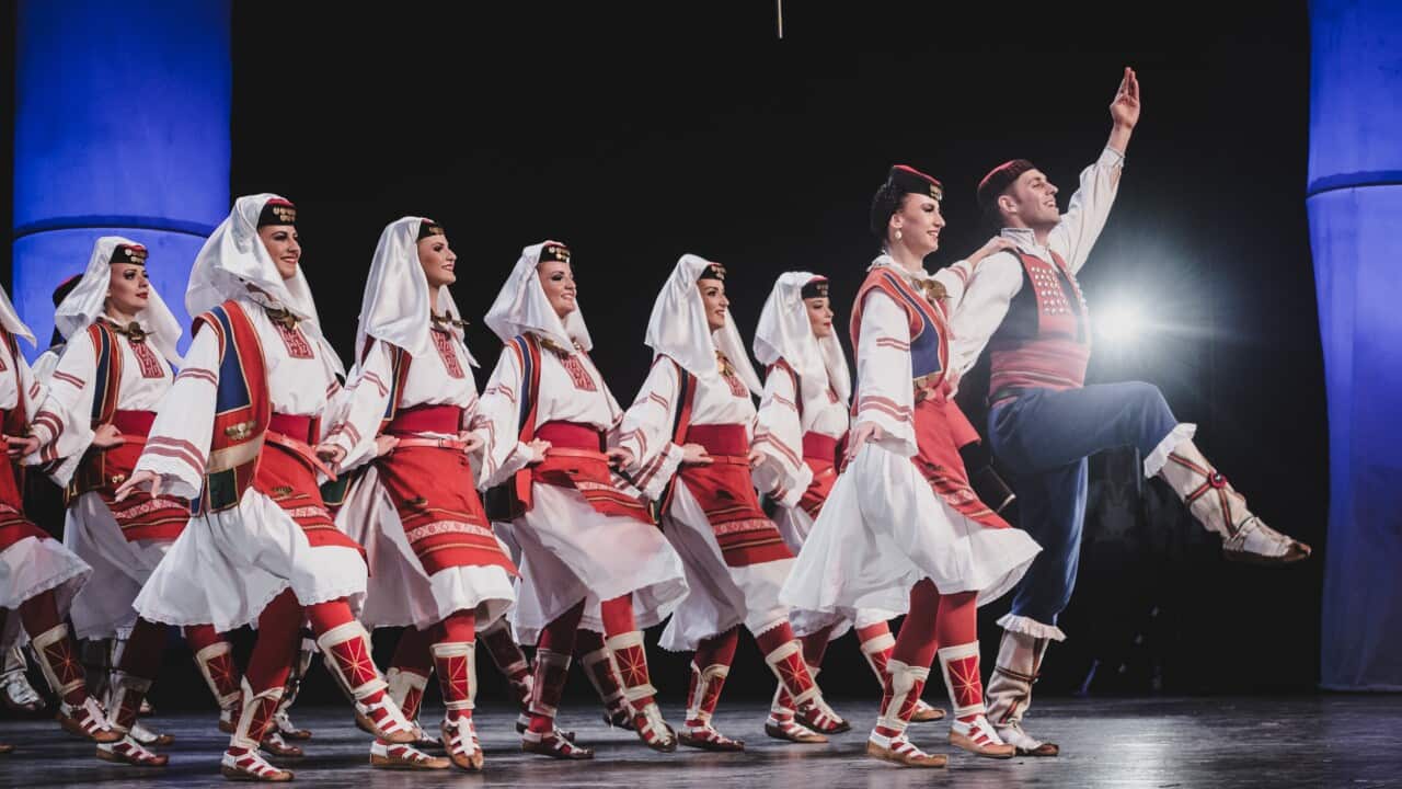Folkloric ensemble KUD Koturovic from Belgrade, Serbia, performs a traditional Serbian dance