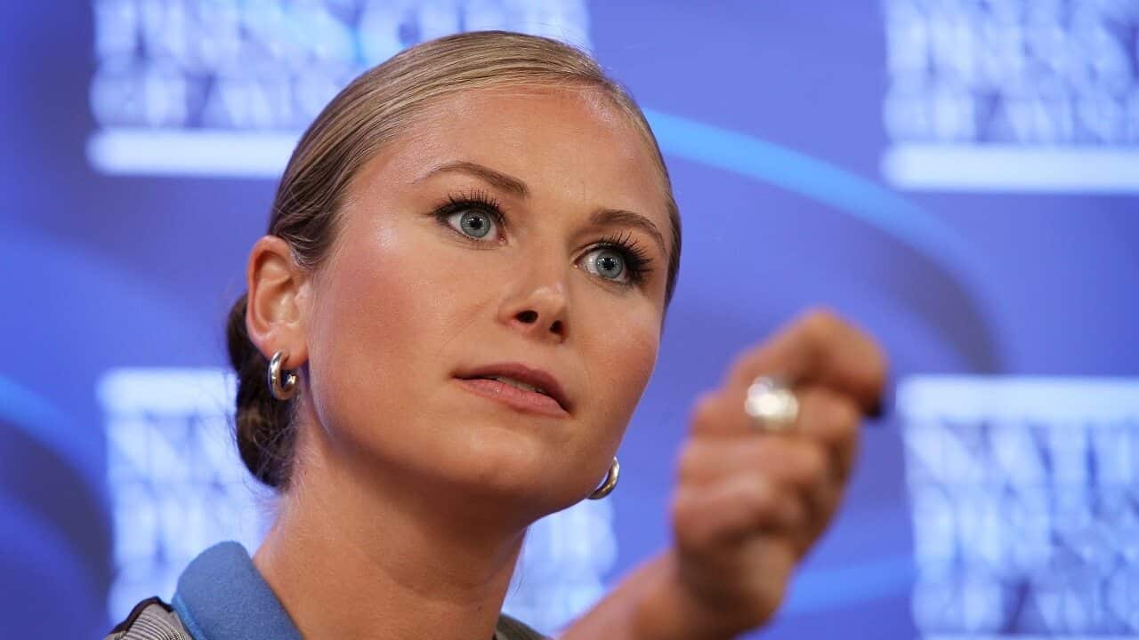Grace Tame addresses the media, together with Brittany Higgins, at the National Press Club on February 09, 2022 in Canberra, Australia.