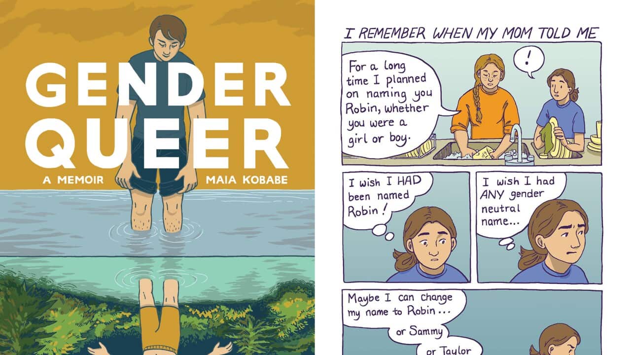 A diptych of a book cover and a page from the book depicting a conversation between two characters.