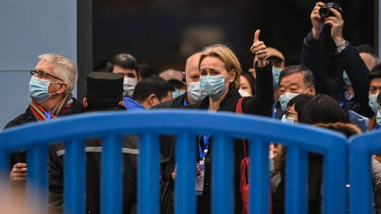 Thea Fisher (C) and other members of the World Health Organization (WHO) team, investigating the origins of the COVID-19 coronavirus, visit the closed Huanan Seafood wholesale market in Wuhan.