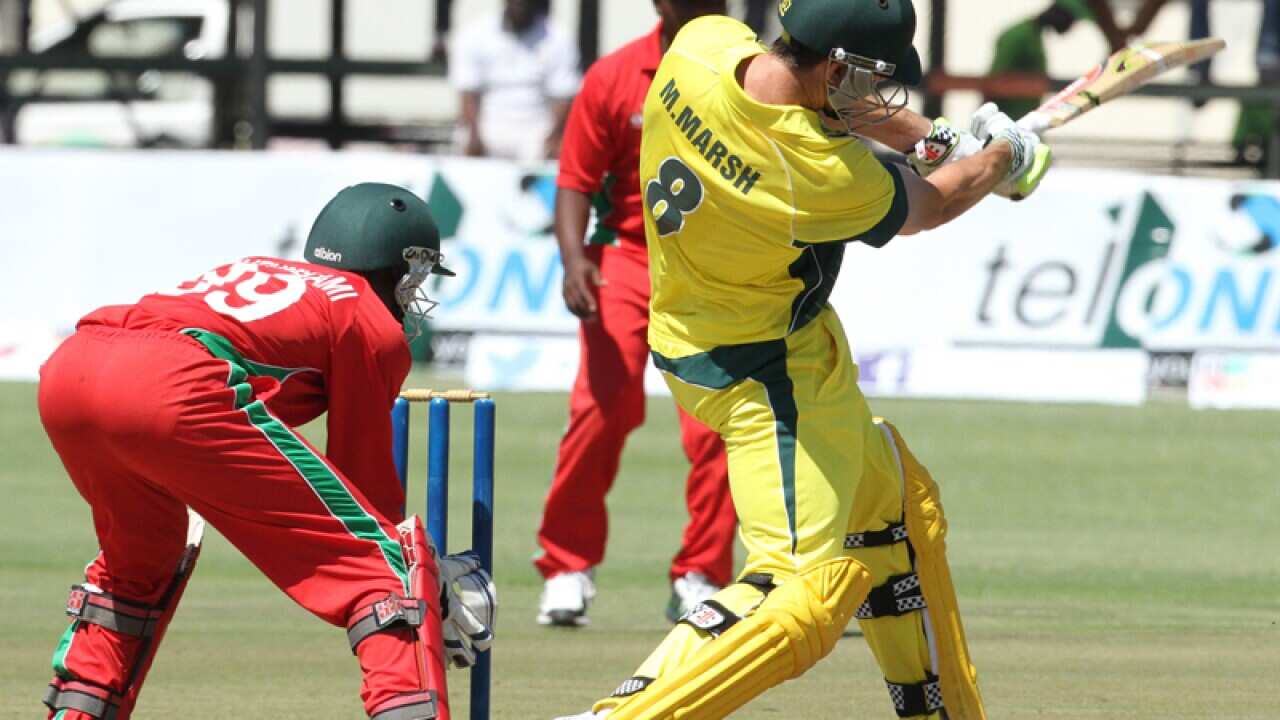 Australian batsman Mitchel Marsh plays a shot against Zimbabwe