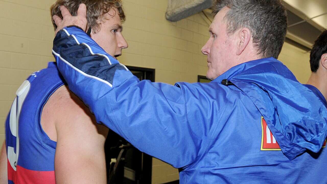 Jake Stringer of Western Bulldogs with coach Brendan McCartney