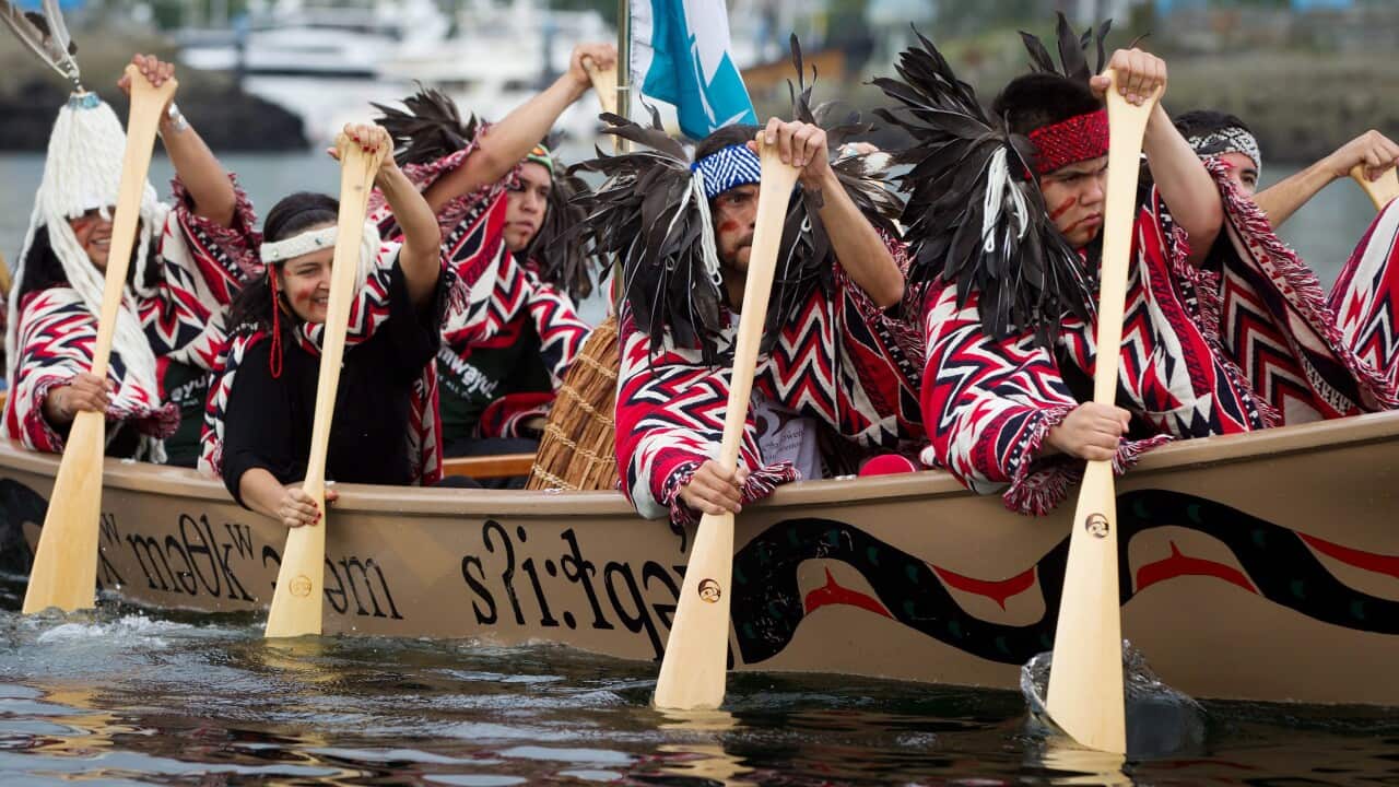 Members of the Squamish Nation during an all nations canoe gathering in Vancouver, British Columbia AAP.jpg