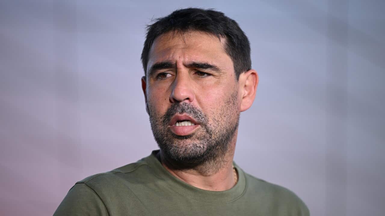 Former Cyprus tennis player Marcos Baghdatis is seen during a media event on day 9 of the 2026 Australian Open tennis tournament at Melbourne Park in Melbourne, Monday, January 26, 2026