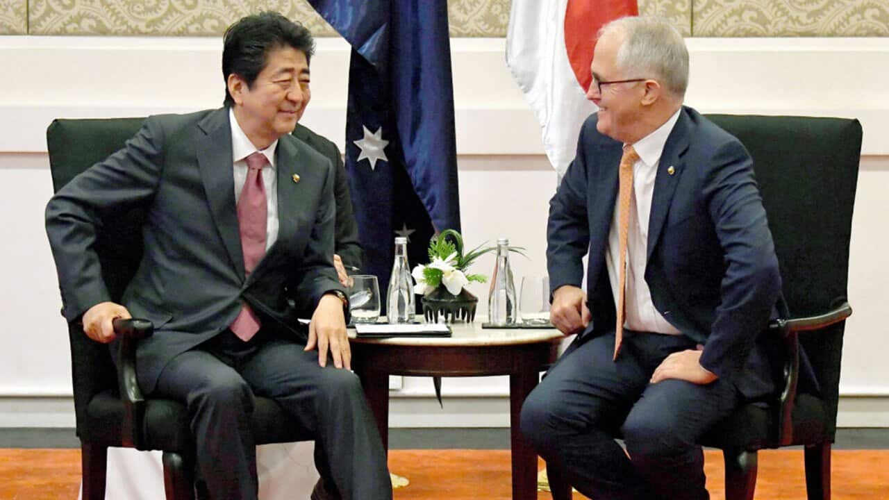 Japanese Prime Minister Shinzo Abe (L) and Australian Prime Minister Malcolm Turnbull (R) talk during their meeting on November 13, 2017 in Manila, Philippines.