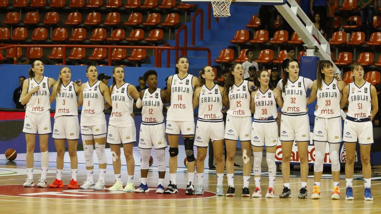 Serbia women's basketball team listens to the national anthem prior to the match against Australia in Belem, Brazil