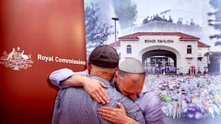 A montage of Jewish people hugging surrounded by a memorial for Bondi attack victims