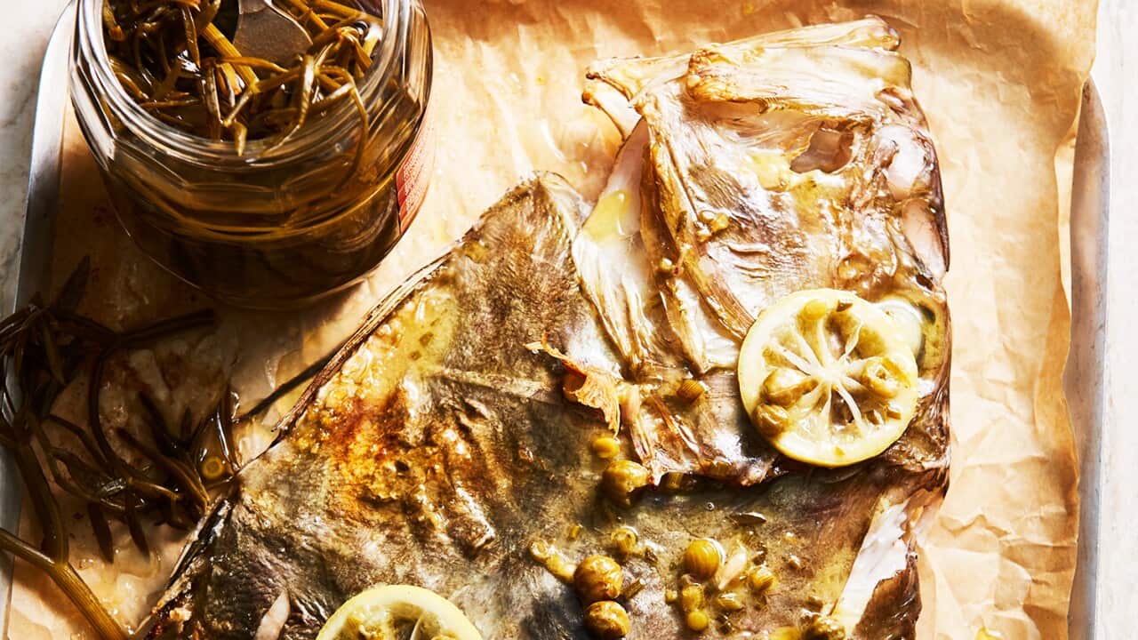Baked John Dory in caper lemon sauce (gall de Sant Pere)