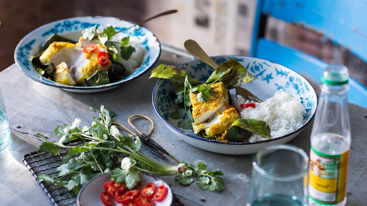 Sea bass grilled in banana leaves