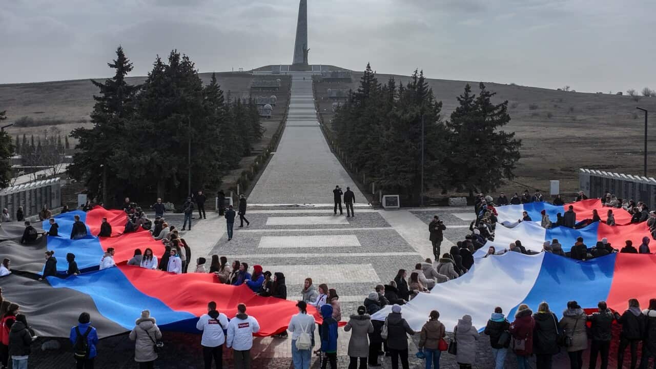 Russian youth patriotic organisations attend a flashmob during the presidential elections near Donetsk (AAP)