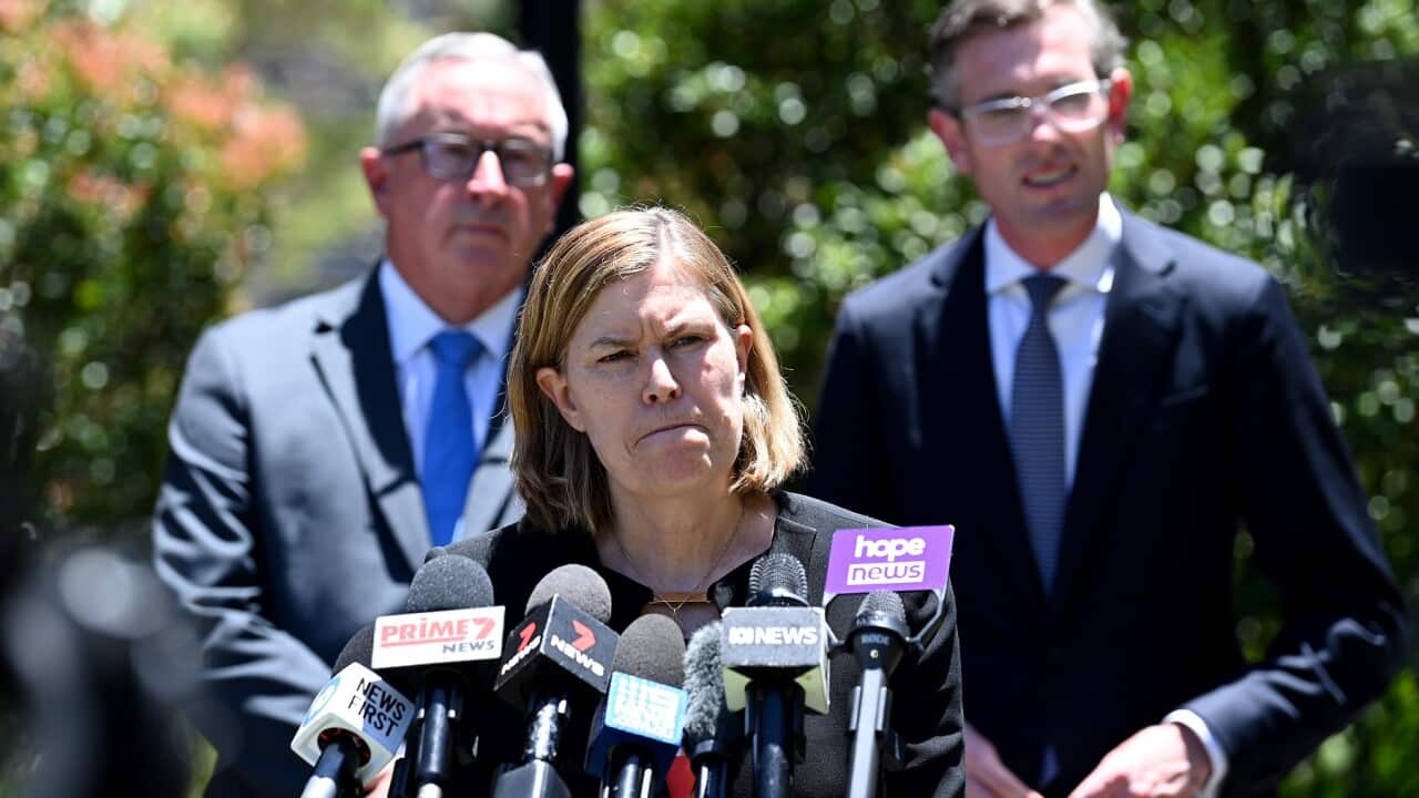 NSW Chief Health Officer Dr Kerry Chant (centre) speaks to the media during a press conference in Sydney, Wednesday, December 15, 2021. (AAP Image/Bianca De Marchi) NO ARCHIVING