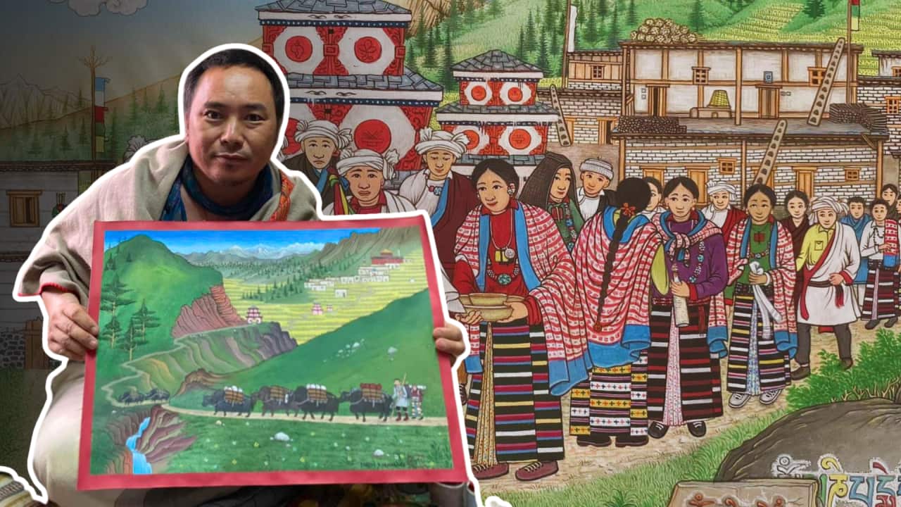 Artist Dorjee Karmarong showcasing his artwork.