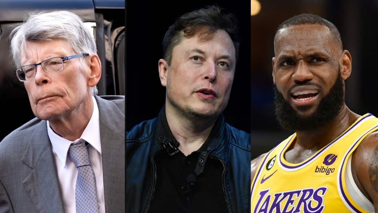 Composite image of Stephen King, Elon Musk and LeBron James