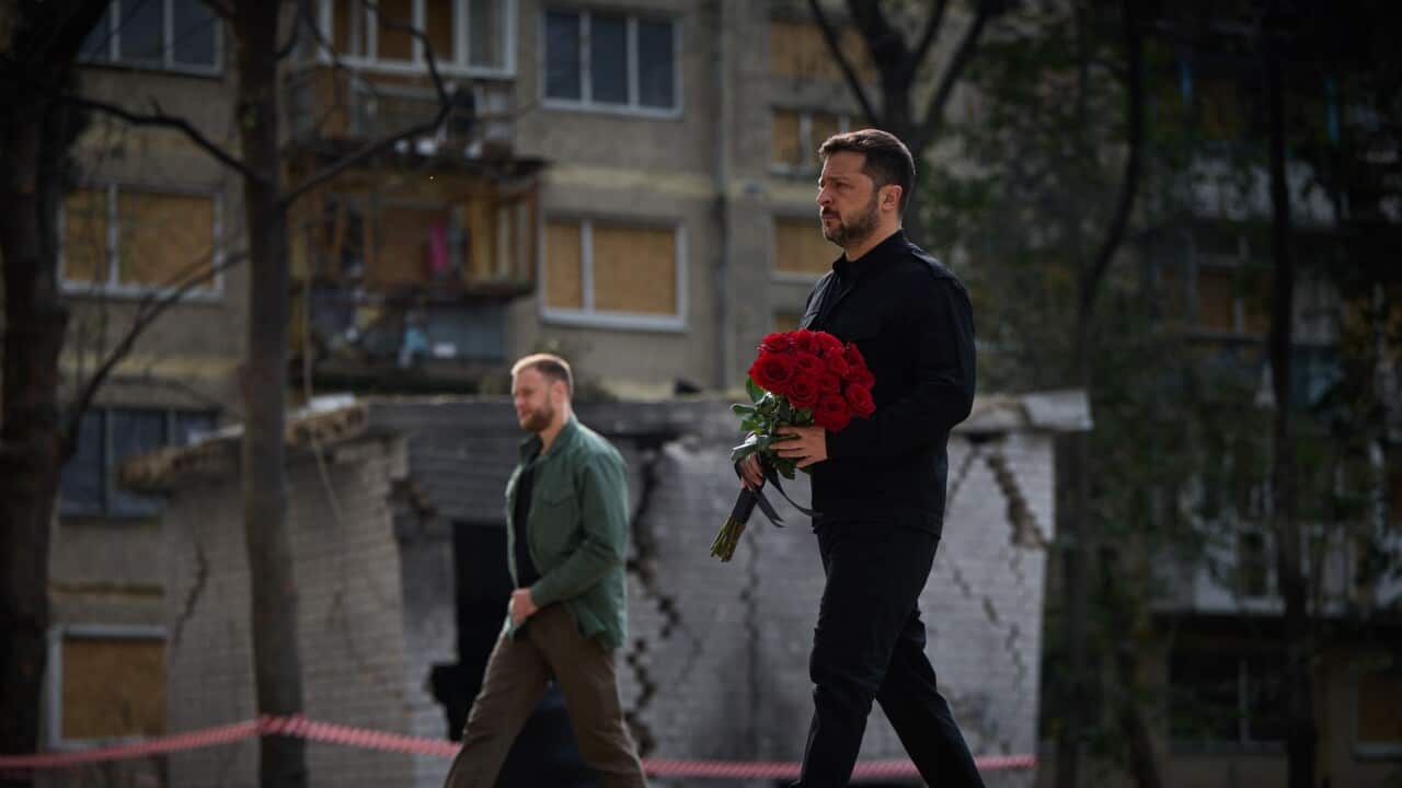 Ukraine's President Zelensky visits site of Russian attack in Kyiv