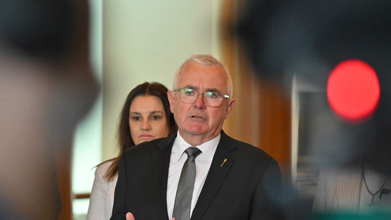 Independent Andrew Wilkie and other independent members at a press conference at Parliament House in Canberra
