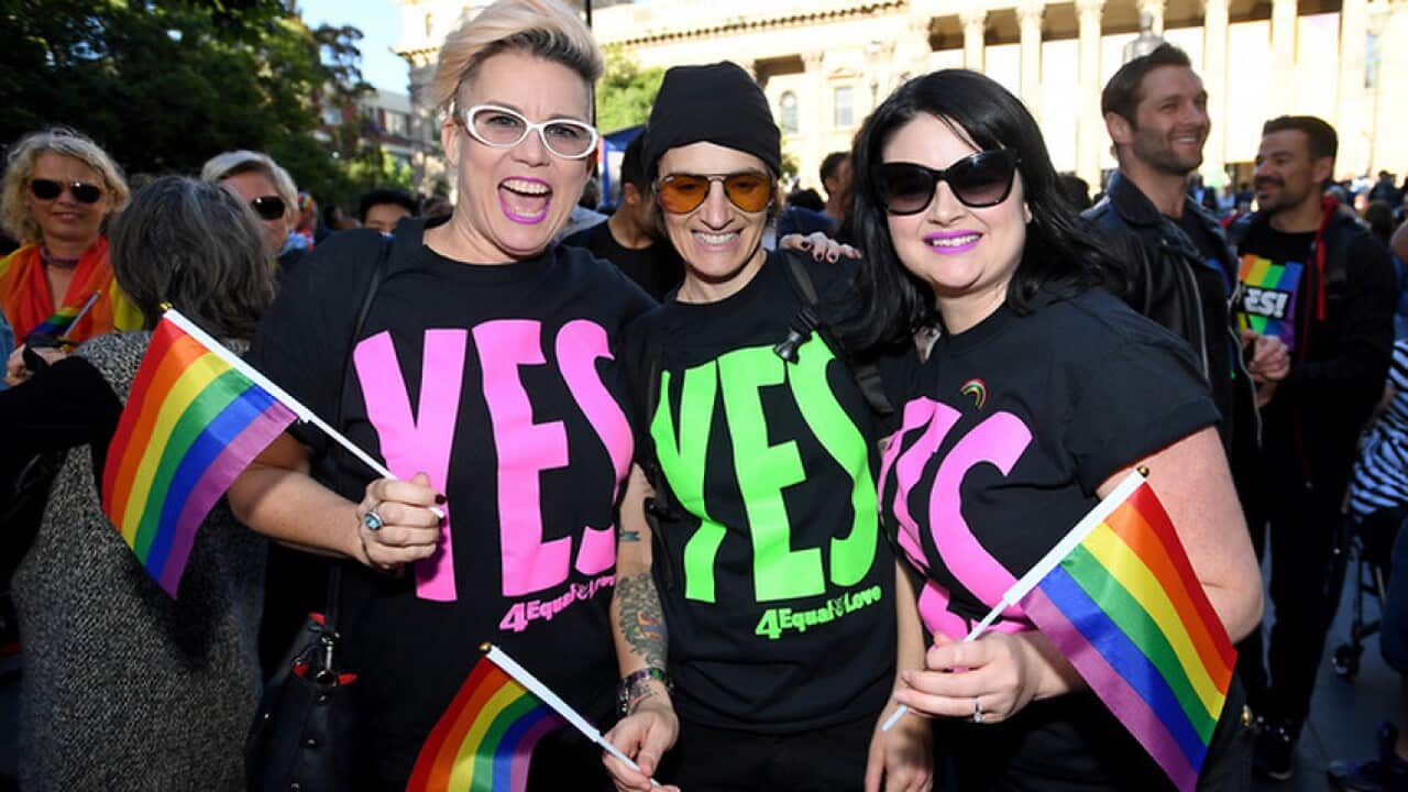 Marriage equality campaigners and supporters take part in a victory march at the State Library in Melbourne