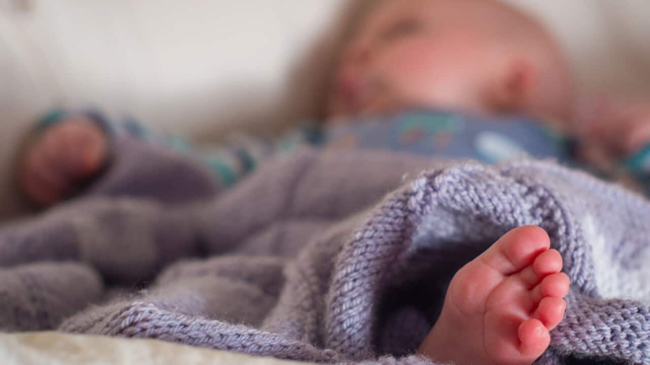 A baby sleeping in a basket