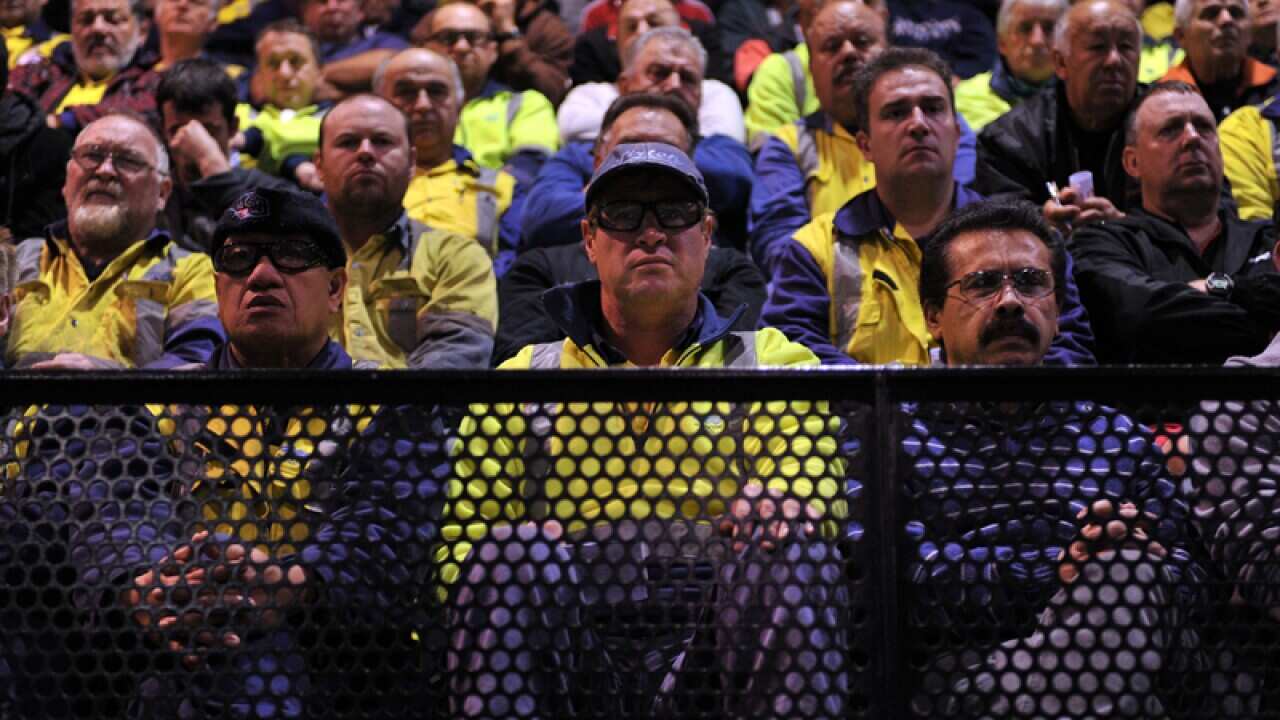 Port Kembla steel workers attend a union meeting