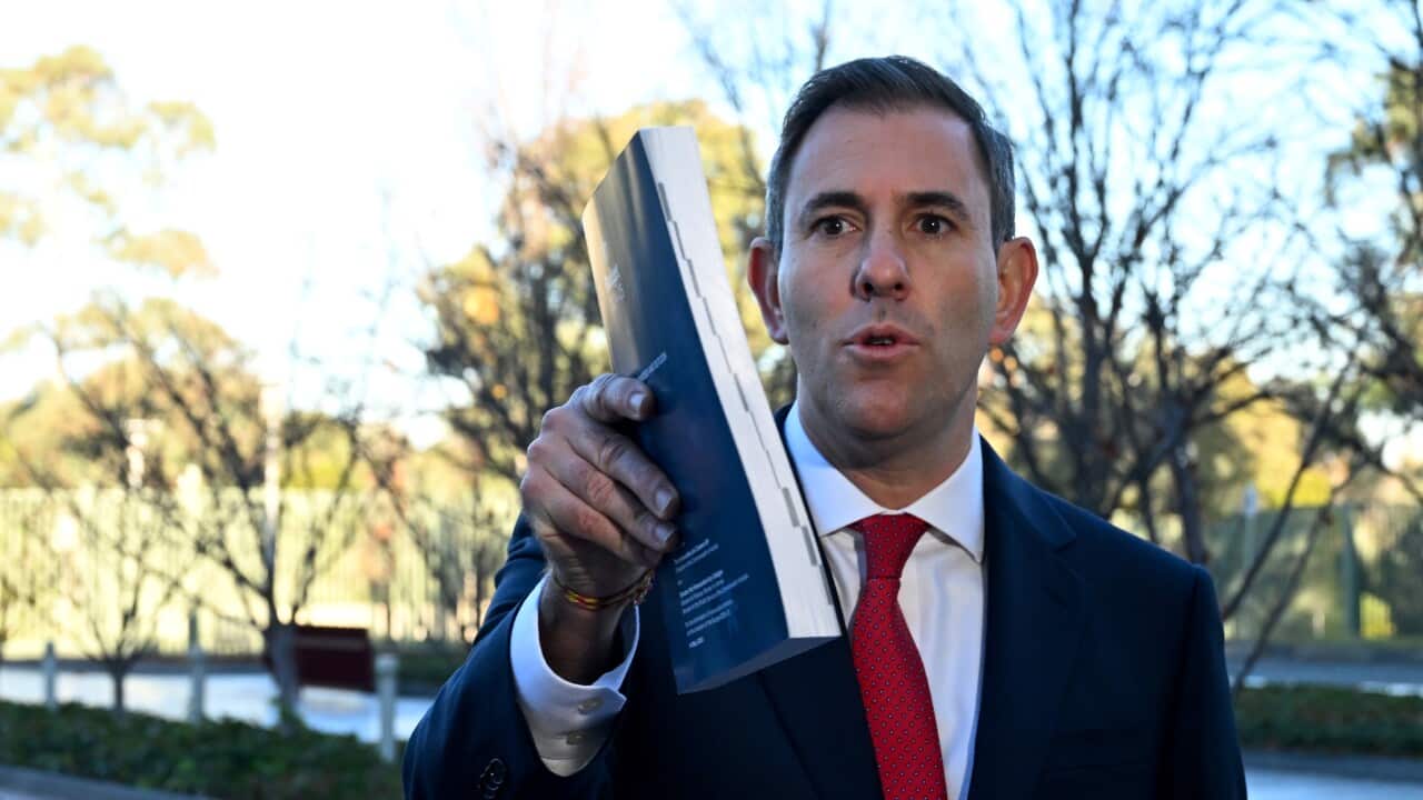 Treasurer Jim Chalmers wearing a suit and tie holding a book while speaking.