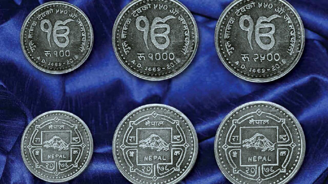 The three coins released by Nepal Central Bank to mark Guru Nanak's 550th birth anniversary
