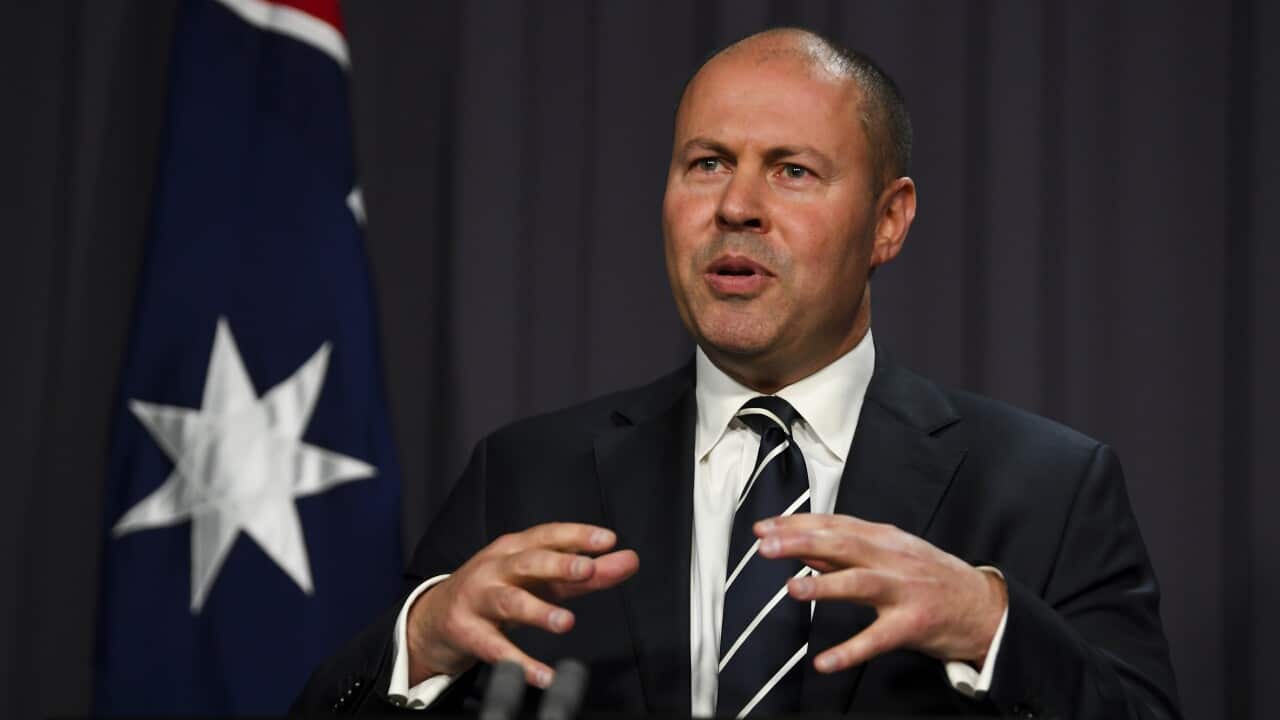 Treasurer Josh Frydenberg addresses the media during a press conference.