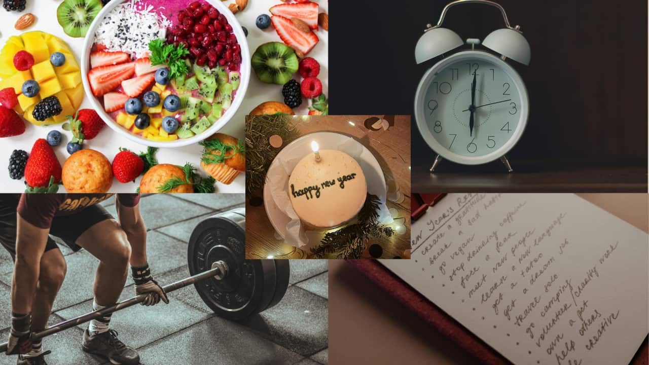A collage of images showcasing new year resolutions. There is an image of a fruit bowl, an alarm clock, an image of a somebody lifting weights and an image with list of resolutions, as well as an image of a cake that reads happy new year.