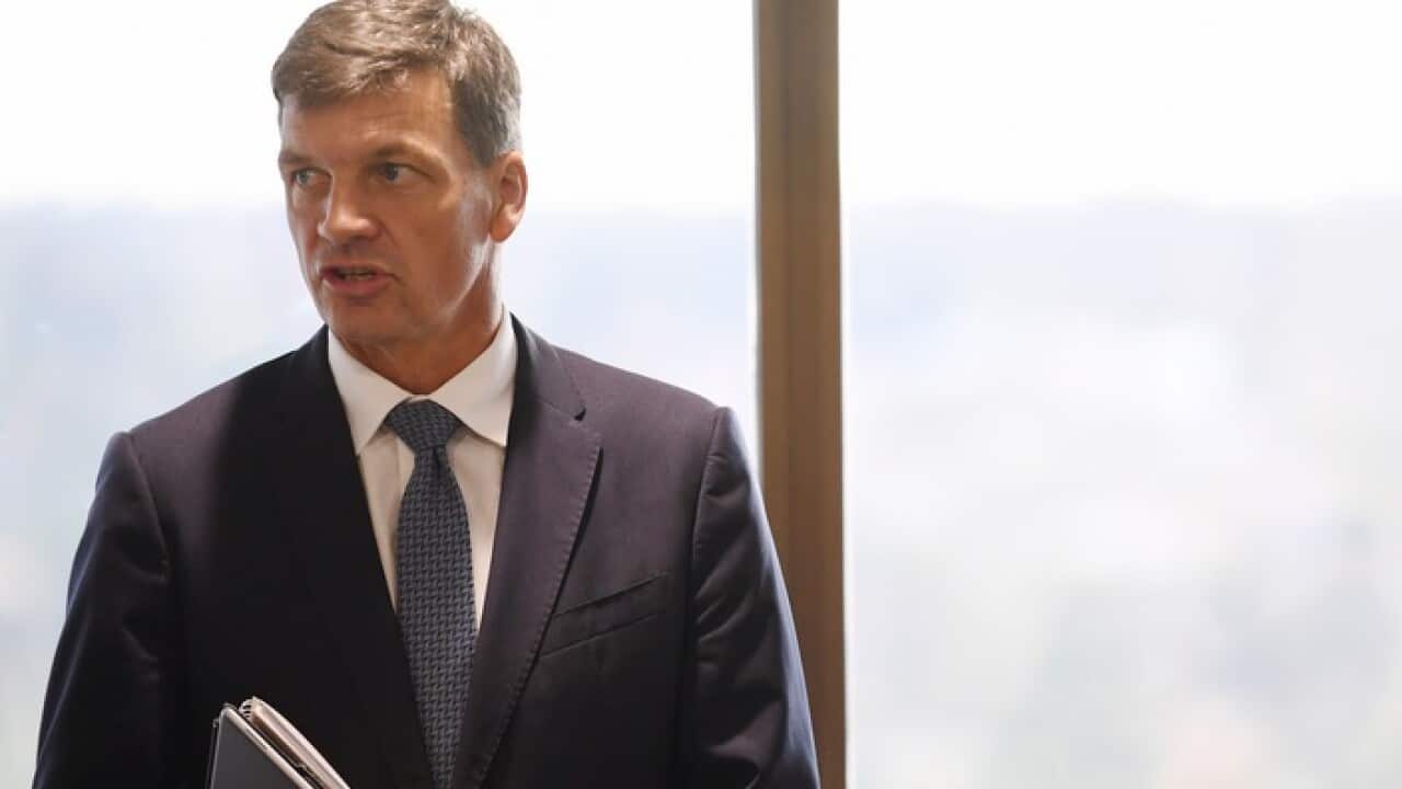 Federal Minister for Energy Angus Taylor addresses the New South Wales Business Chamber in Sydney, Friday, May 10, 2019. (AAP Image/Dean Lewins) NO ARCHIVING