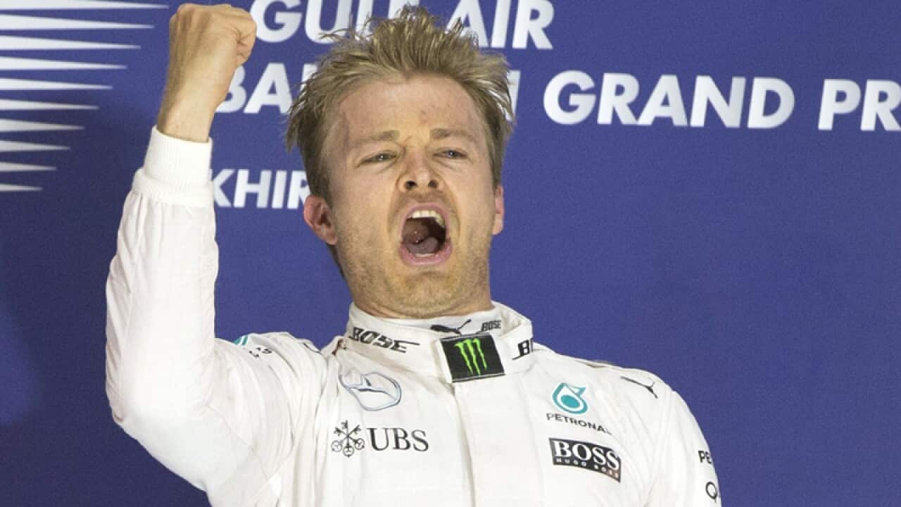 Nico Rosberg celebrates after the Bahrain Formula One Grand Prix