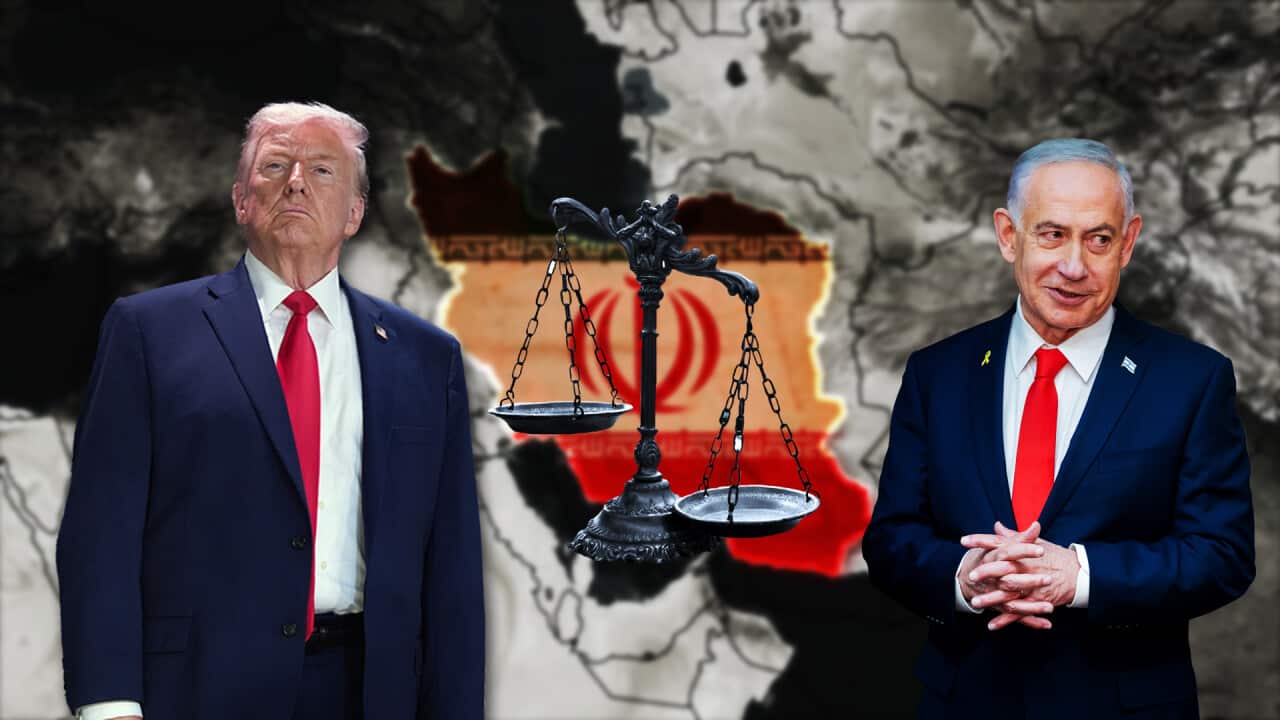 An image featuring Donald Trump and Benjamin Netanyahu flanking a pair of unbalanced scales of justice, set against a background map of Iran filled with the Iranian flag.