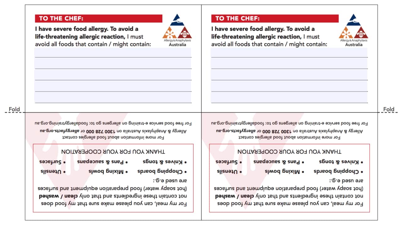 The printable chef card template for people with food allergy.